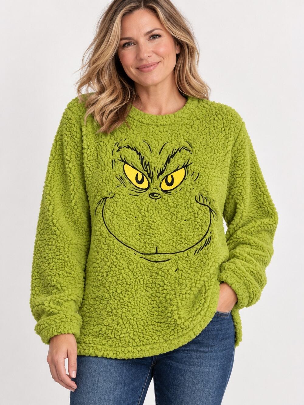 Dr. Seuss The Grinch Embroidered Big Face Sherpa Pullover Sweater - Small